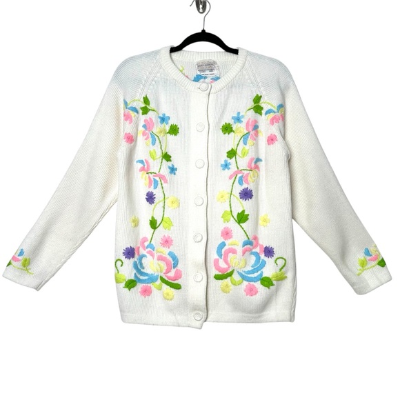 Vintage Sweaters - Boho Cottagecore Floral Embroidered Cardigan Kitschy Rainbow Grannycore Cozycore